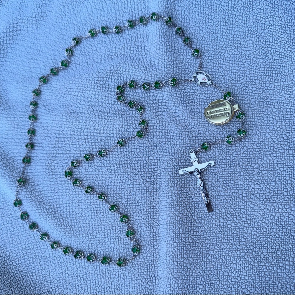Green Beaded Rosary with Silver Cross